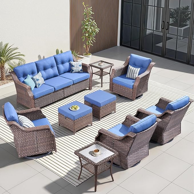 Outdoor Swivel Rocking Chair Set (9PCS), Rocking Chair with Sofa and Coffee Table Set, Crafted from PE Rattan with an Elegant Side Table, Ideal for Gardens and Patios, Brown/Blue