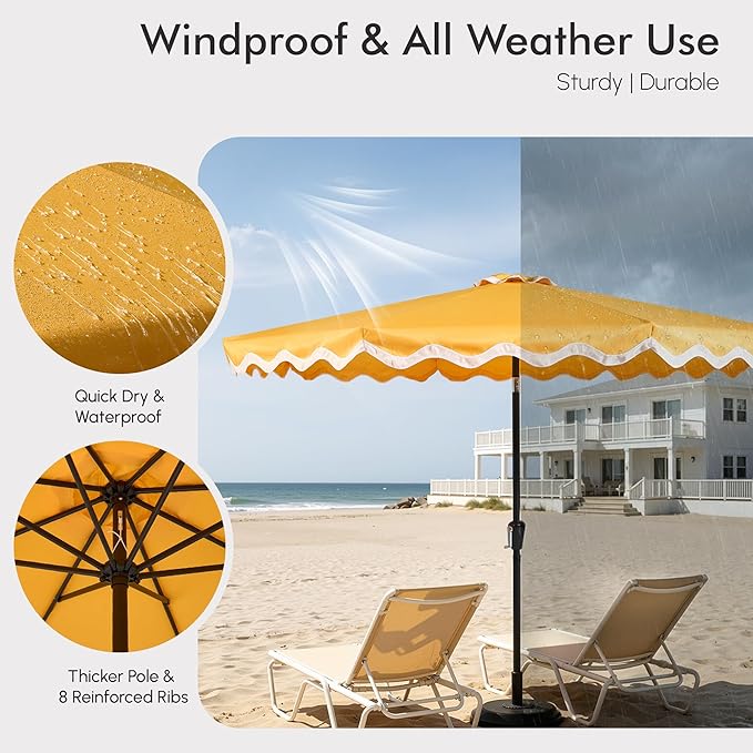 Weaxty 10FT Patio Umbrella, Trendy Color Scalloped Edge, UV-Resistant Canopy Outdoor Table Market Umbrella, Tilt Adjustment, Crank, Heavy-duty 8 Ribs for Backyard Poolside Deck Beach Lawn Backyard