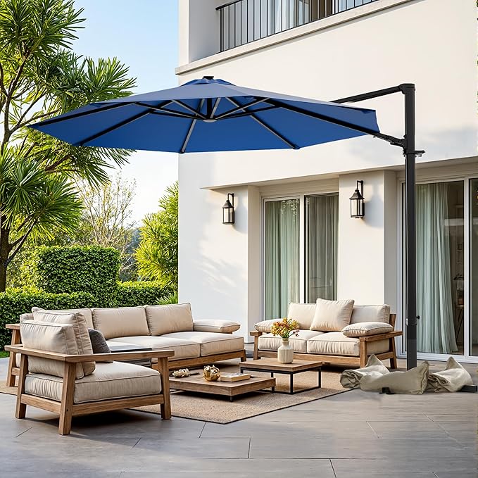 Greesum 10FT Outdoor Patio Umbrella with High Pedel and 4 Gear Heights, Large Offset Market Umbrella with 360-degree Rotation, Without Base, Hanging Outdoor Shade for Garden, Lawn, Pool, Deep Blue