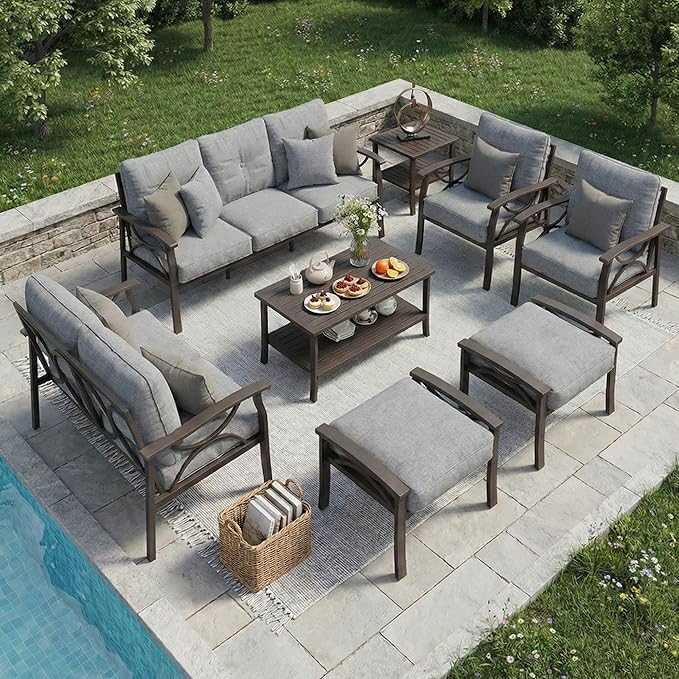 RoyalCraft 8-Pieces Outdoor Patio Furniture Set, Outdoor Metal Sectional Furniture with Cushions, Outdoor Conversation Seating Set with Coffee Table for Balcony, Backyard, Garden, Deck, Grey