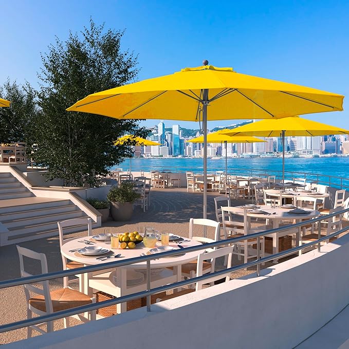 California Umbrella 11Ft Commercial Grade Sunbrella Fabric Market Umbrella, Pulley Lift, Aluminum/Fiberglass, 2mm pole wall, Silver Frame, Sunflower Yellow Fabric