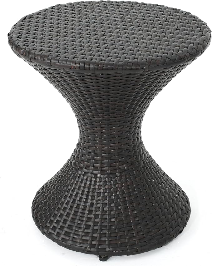Hourglass Side Table with No Assembly, 16" Outdoor Wicker End Table, Hand-Woven PE Rattan Accent Table for Patio Backyard Balcony Deck, 120 lbs Capacity, Brown