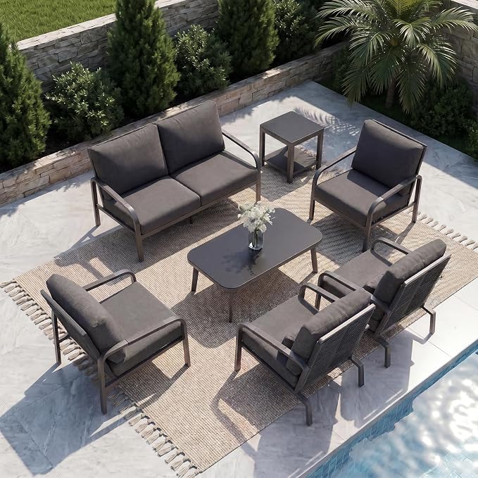 7 Piece Aluminum Patio Furniture Set, Outdoor Conversation Set with Sofa, Loveseat, Lounge Chairs & Coffee Tables, Modern Garden Furniture for Backyard Porch Balcony Deck