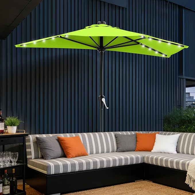 AreShark 9ft Patio Half Umbrellas with Solar Lights, 1/2 LED Half Outdoor Umbrella w/ 20 LED Lights, Lighted Table Wall Umbrella with Crank & 5 Sturdy Ribs for Market, Pool, Deck, Lawn and Garden, Apple Green