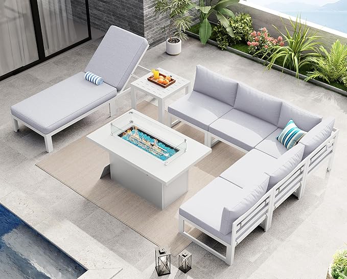 NICESOUL 8 Pcs Aluminum Patio Furniture Set for Large Groups, 500lbs Heavy Duty Outdoor Sectional Sofa with Lounge & Fire Pit Table, 29" Deep Wide Seating Conversation Couch for Poolside, Light Gray