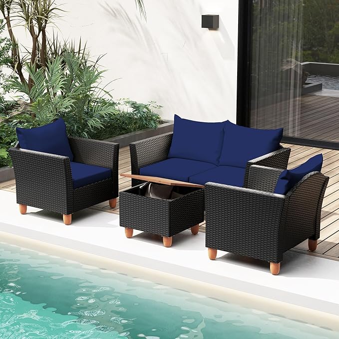 Tangkula 4 Piece Outdoor Conversation Set, Patio Cushioned Chairs w/Storage Coffee Table, Acacia Wood Tabletop & Chair Legs, Patio Wicker Furniture Set for Poolside, Lawn, Porch (1, Navy)