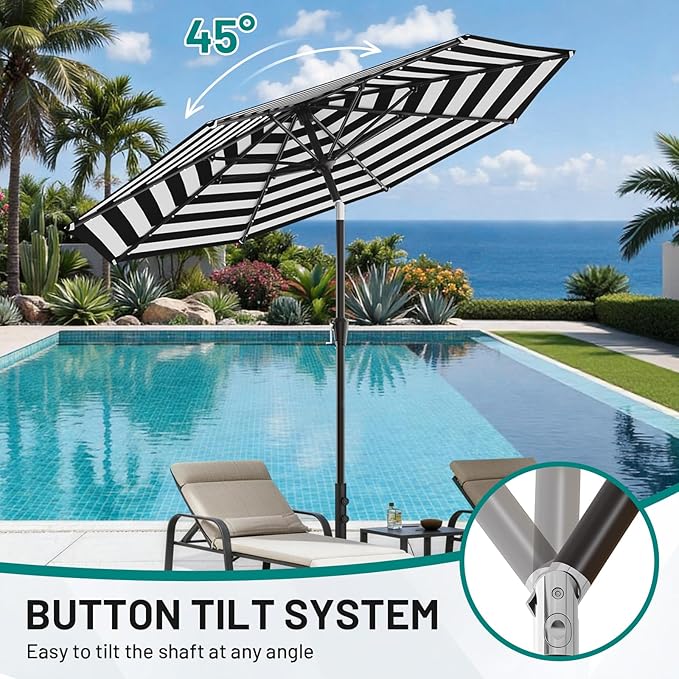 AreShark 9FT Patio Umbrella with Solar Lights, 32 Lighted Solar Table Market Umbrella w/Tilt and Crank Outdoor Umbrella for Garden, Deck, Backyard, Pool and Beach, Black and White Stripe