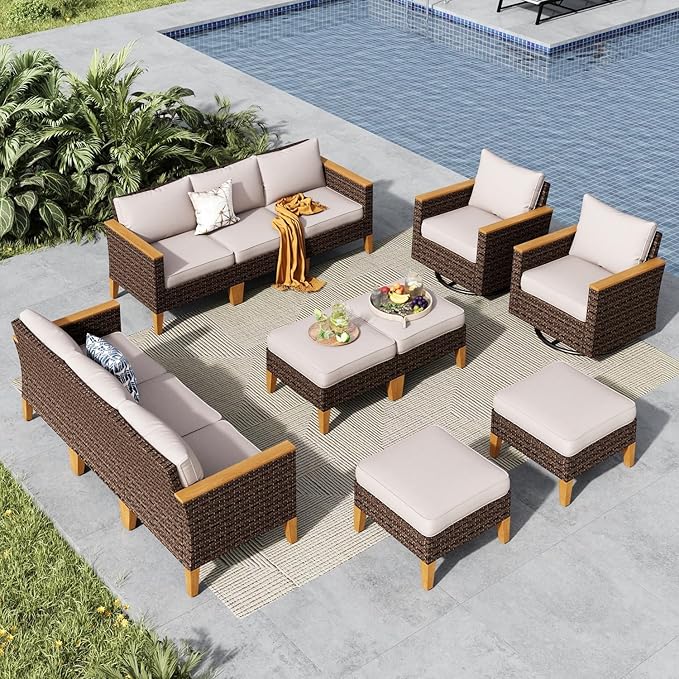 MFSTUDIO 12 Piece Swivel Glider Patio Furniture Set, 2 x Swivel Chair, 4 x Ottoman, 3-Seat Sofa x 2, All-Weather Wicker Patio Conversation Set, PE Rattan Outdoor Sectional Sofa Set(Beige Cushion)