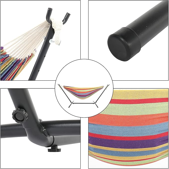 Cotton Hammock with Space Saving Steel Stand,9ft Black Steel Pipe Hammock Frame with 200 * 150cm Polyester Cotton Hammock Iron Hammock Set (Color Stripe)