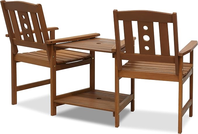 Furinno TIOMAN Outdoor Dining Set, 2-Seater Wood Patio Set, Chairs for 2 & Side Table, with 2-Tier Shelf and Umbralla Holes, for Patio, Garden, Porch, Light Wood