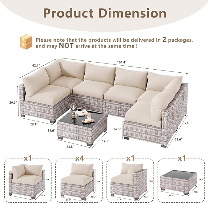 7 Piece Outdoor Patio Furniture Set, Rattan Chairs Glass Table Wicker Conversation Seating Sectional Sofa with Cushions (Grey White-Beige, 7Pcs-Straight Back)