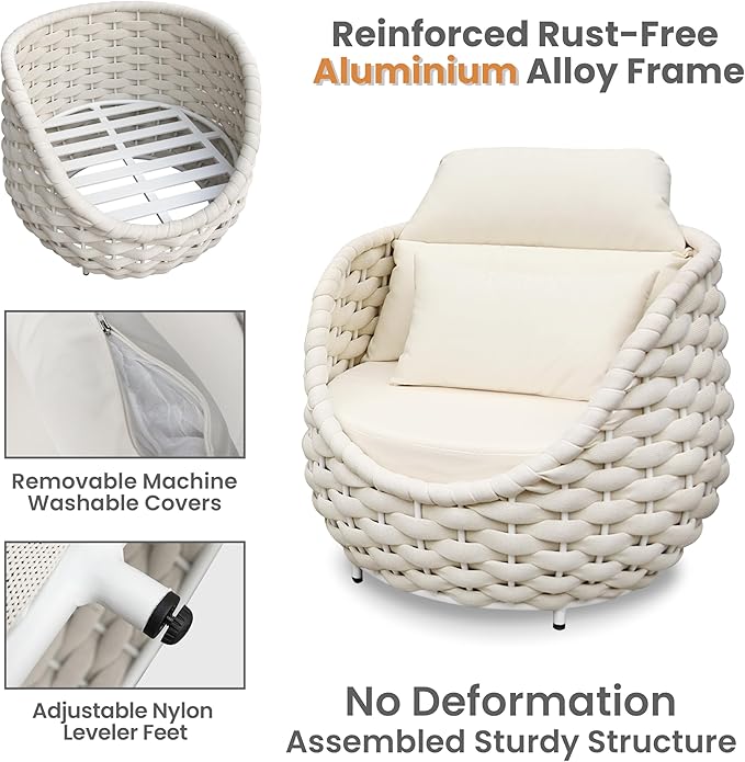 Front Porch Furniture Set 3 Piece: Aluminum Woven Rope Patio Conversation Sofa Set for 2 - Assembled Outdoor Deck Couch Armchair Set Cushions - for 400lb Balcony Pool Yard Bistro Hotel Lanai - Beige