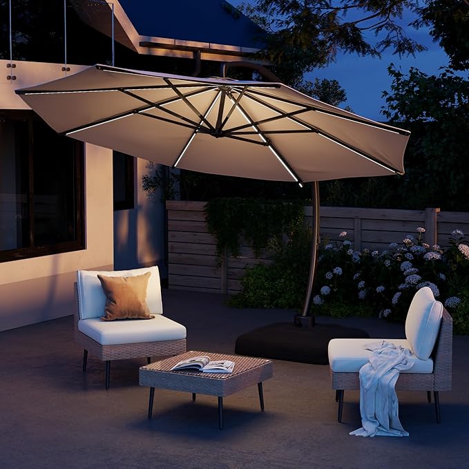 ENSTVER 12FT Solar Powered LED Light Cantilever Patio Umbrella With Base Included, Round Large Aluminum Outdoor Cantilever, Heavy Duty Offset Umbrella with 360°Rotation for Pool, Deck, Backyard