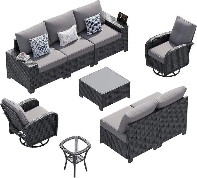 LazySunsets 9 PCS Patio Furniture Set, Outdoor Sectional All-Weather Wicker Conversation Set with Swivel Rocker Chairs, 4'' Thick Cushions for Backyard Poolside(Crey/Black)