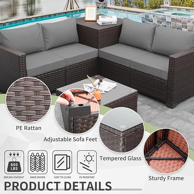 WAROOM Patio Furniture Set 4 Piece Conversation Sets Brown Rattan Outdoor Couch Loveseat Wicker Sectional Sofa with Storage Box Glass Top Table, Grey Cushion