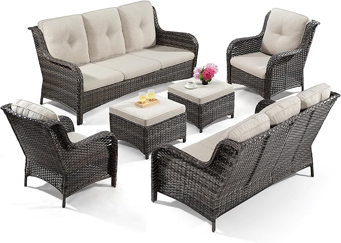 Outdoor Wicker Couch Set 6 Pieces - Outdoor Wicker Patio Furniture Set with 2 Armchairs, 2 Couch and 2 Ottomans, Olefin Cushions Included(Mixed Grey/Beige)