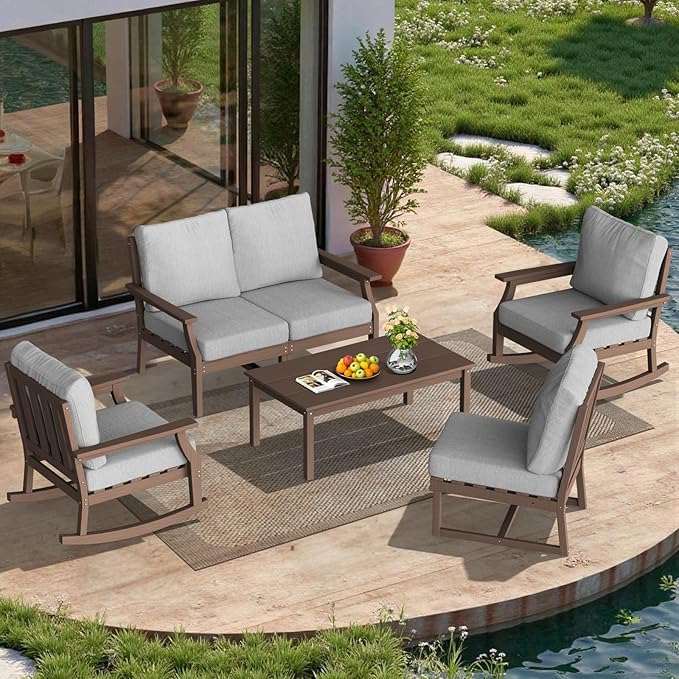 HDPE Patio Conversation Set, 6-Piece All Weather Outdoor Furniture Set with 2 Single Rocking Armchairs for Deck, Lawn, with Cushion, Brown