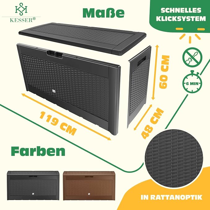 KESSER Rattan Look Garden Storage Box, 310L, Foldable Lid, 3 Handles, Wheels, Weatherproof, Easy Assembly