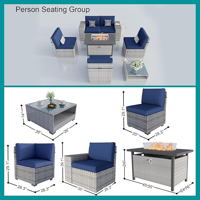 7-Piece Patio Furniture Set, Outdoor Patio Conversation Set with 60,000 BTU Fire Pit Table, PE Rattan Wicker Sectional Sofa with Large Capacity Seats,Widened Armrests, Extra High Backrest, Navy Blue