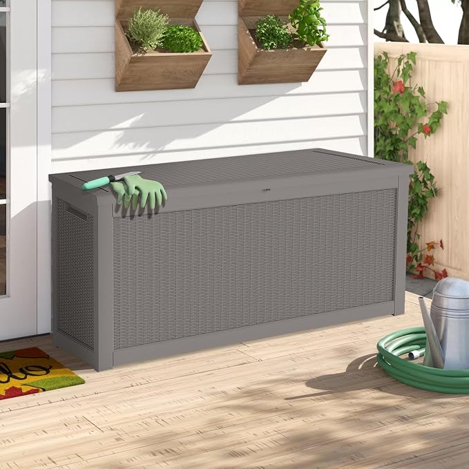 260 Gallon Outdoor Deck Boxes, IP68 Waterproof Outdoor Storage Box with Hydraulic Lid Support, Outside Resin Container for Furniture, Toy, Shoe, Garden & Patio Tools Storage -Brown