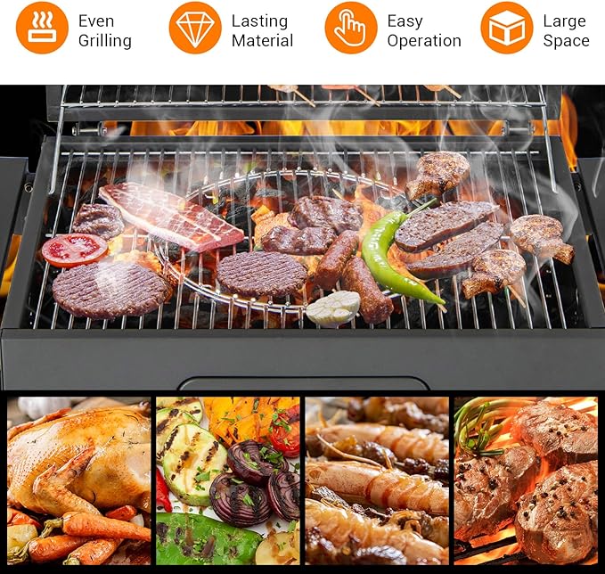 HAPPYGRILL Charcoal Grill, Heavy Duty Cooking Grill with 2 Foldable Side Tables, 8 Hooks, Storage Shelf, 2 Wheels, Flame Control, Outdoor BBQ Grill for Picnic Party Camping Backyard Patio