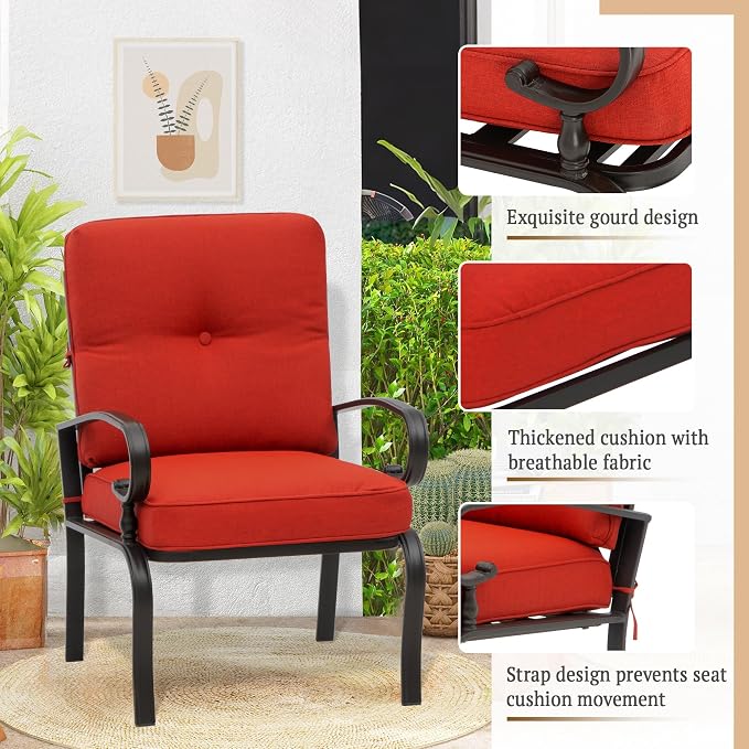 5 Pcs (6 Seats) Metal Outdoor Patio Furniture Conversation Sets, Glider, Loveseat and Coffee Table, 2 Lounge Chairs with Cushions (Red)