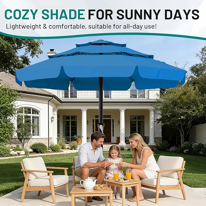 AreShark 11FT 3-Tiers Patio Umbrella with Valance, Outdoor with Crank, Large Outdoor Market Umbrellas Vented with 8 Sturdy Ribs, Patio Table Umbrellas for Garden, Deck, Backyard, Pool, Royal Blue