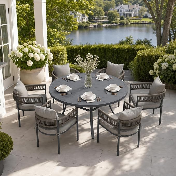 VICLLAX Patio Dining Set, 53" Dark Grey Table & 6 Chairs with Grey Cushion | Outdoor Table and Chairs Set of Round Metal Patio Table, Outdoor Dining Chairs with Metal Frame, Garden Deck Porch