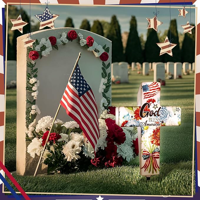 DoubleFill 4th of July Solar Lighted Cross 250 Patriotic Floral Garden Stake Decor 250th Red White and Blue Independence Day Solar Cross God Bless America Yard Decor for Memorial Veterans USA Outdoor