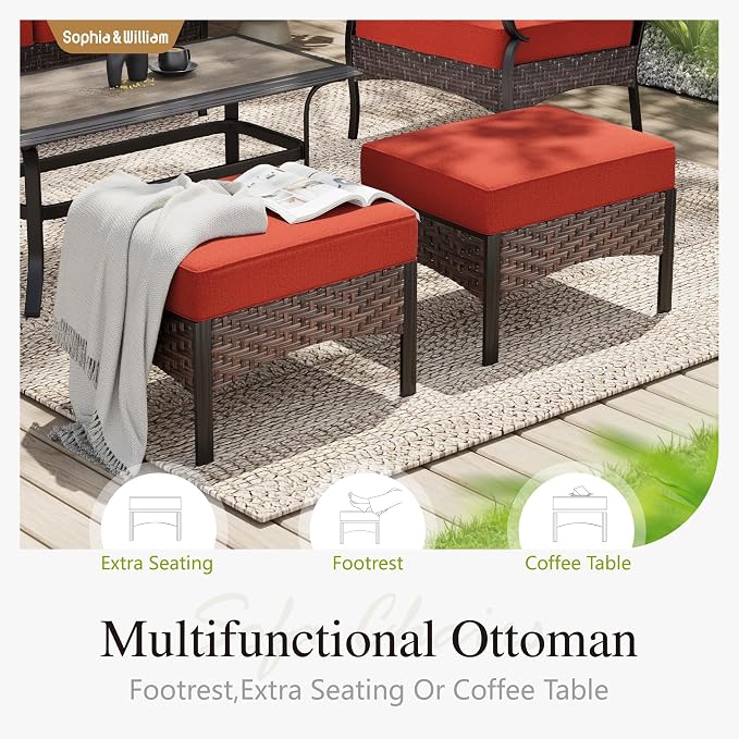 Sophia & William Patio Furniture Set with 56" Fire Pit Table, Metal Outdoor Conversation Set Patio Sectional with 3-Seater Sofas, 2 Fixed Chairs, 2 Ottomans, 1 Firepit Table for Porch Deck, Red