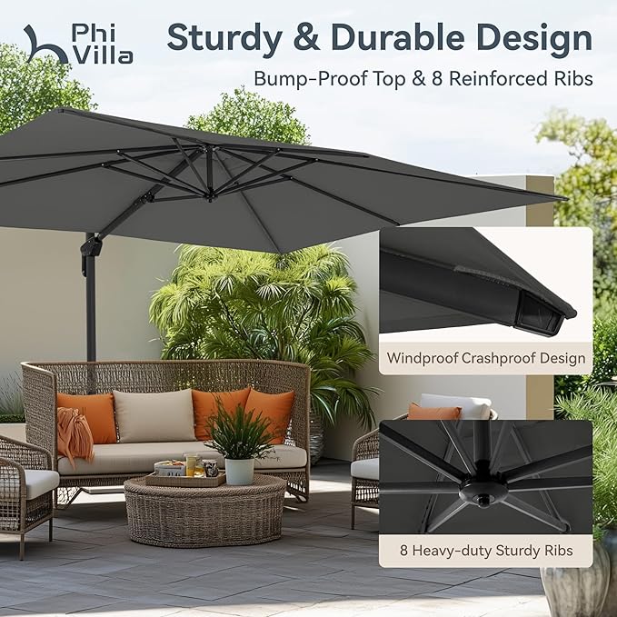 PHI VILLA 9'x 12' Cantilever Patio Umbrella with Crank Handle, 6-Level Tilt & 360° Rotation, Aluminum Square Outdoor Offset Umbrella Windproof & Crashproof for Garden, Deck, Pool (Grey)