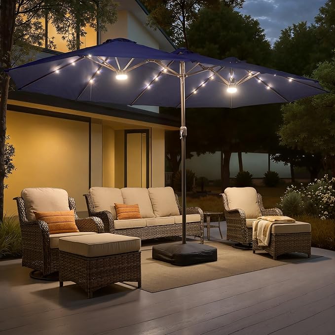 15ft Large Patio Umbrellas with Base & Solar Lights,Outdoor Rectangle Double-Sided Market Umbrella with Stand & 38 LED Lights,Outside Umbrellas for Poolside Deck Backyard (Navy Blue)