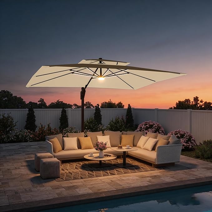 9 X 12 FT Cantilever Outdoor Patio Umbrella with LED Lights Large Heavy Duty 360° Rotation Double Top Offset Rectangular Umbrellas for Backyard Garden Pool Outside Deck, Beige