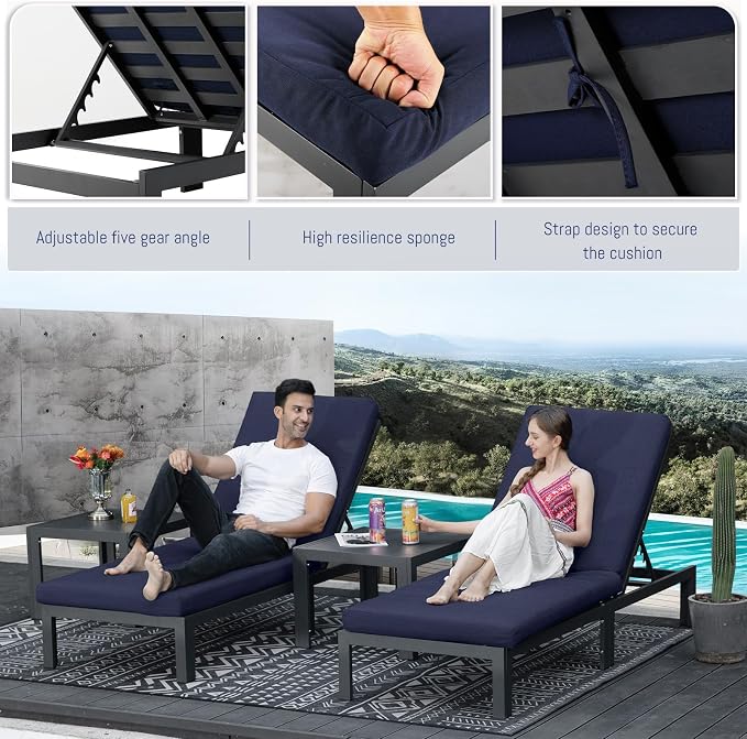 BULEXYARD 11 Pcs Oversized Contemporary Aluminum Patio Furniture Set, All Weather Modular Sectional Sofa with Tanning Chair & Fireplace, 500 lbs Heavy Duty Comfy Outdoor Couch for Beach, Dark Blue