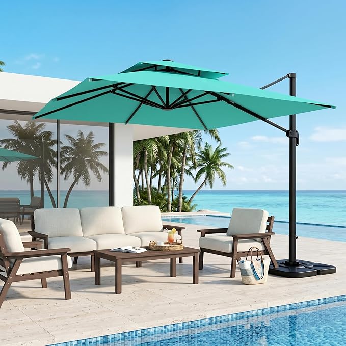 Kingdura Cantilever Patio Umbrella with Double Top Vent, Large Square Aluminum Outdoor Offset Umbrella with 360-degree Rotation, Infinite Tilt, UV Protection for Pool Deck Garden Patio