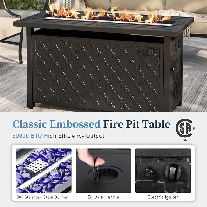 SUNSHINE VALLEY Patio Furniture Set with Firepit Table, 4 Piece Metal Outdoor Patio Furniture, 2 Single Chairs and 3 Seater Sofa with 5.75" Extra Thick Cushion and Gas Firepit Table for Backyard Deck