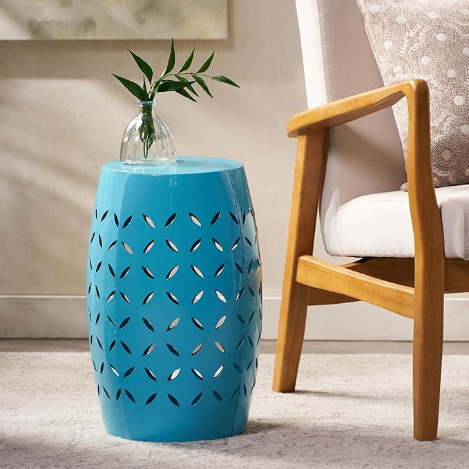 Merax Outdoor and Indoor Patio Garden Lace Cut Iron End Side Table, Round Hollow Drum Shape, for Small Spaces, Living Room, Front Porch, and Poolside, Blue