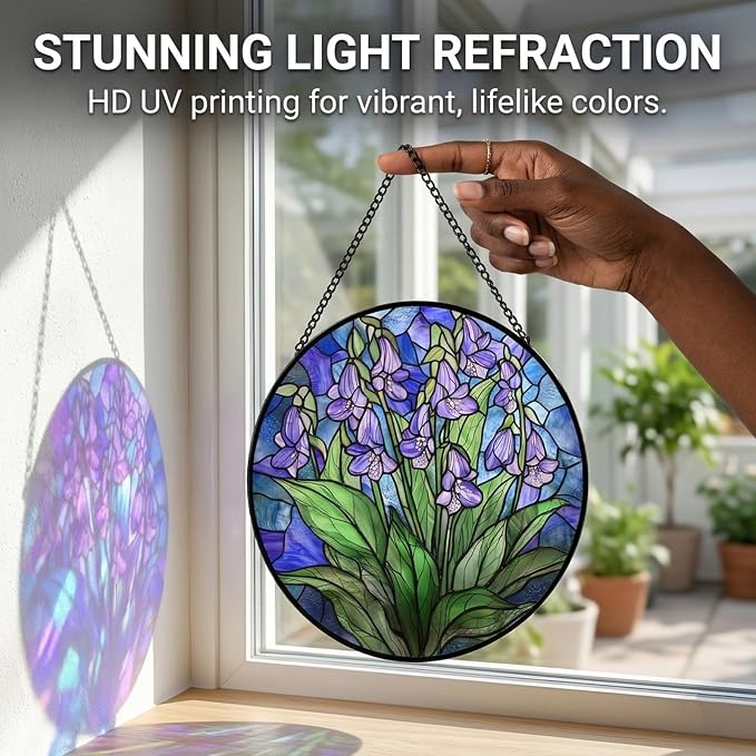 Birthday Gifts for Women - Violet Flowers Faux Stained Glass Window Hanging Sun Catcher for Door Garden Acrylic Decor Mother's Day Christmas for Mom Nana Grandma Sisters Wife 7.8"