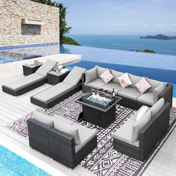 NICESOUL 13Pcs Outdoor Furniture Set with Firepit Table, All-Weather Wicker Modular 10-Seats Patio Sofa with Matching Lounge, 500LBS High Weight Capacity Deep Seated Sectional Couch Set, Light Gray
