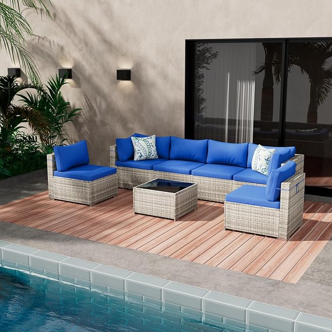 7 Piece Patio Furniture Set, Outdoor Wicker Patio Sofa Set, PE Rattan Sectional Couch with Glass Table and Blue Cushions, All-Weather 7 Piece Outdoor Patio Furniture Sets, Grey