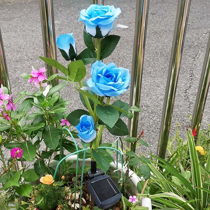 Solar Garden Flower Lights Outdoor with More Realistic 10 Rose Waterproof for Outside Patio Yard Pathway Decorations, 2 Pack Blue