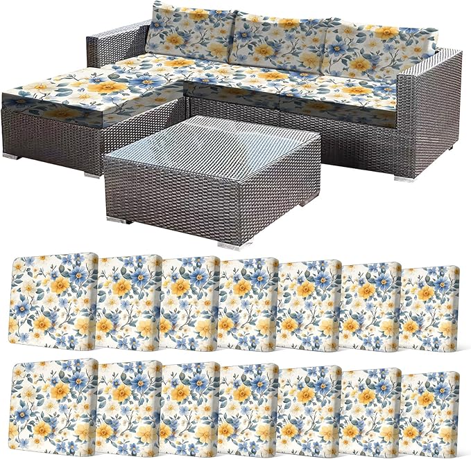CALBODE 14 Pcs Stretch Outdoor Seat Cushion Covers, Washable Chair Seat Cover for Patio Furniture Cushions Soft Indoor and Outdoor Couch Cover Replacement (Spring Bloom, Cover Only)