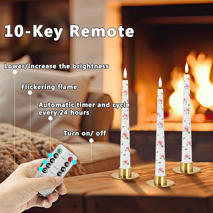 Rose Flameless Taper Candles, 9.6" Real Wax LED Candles with Remote, 3 Pack Flickering Battery Operated Candlesticks for Proposal Wedding Anniversary Romantic Night