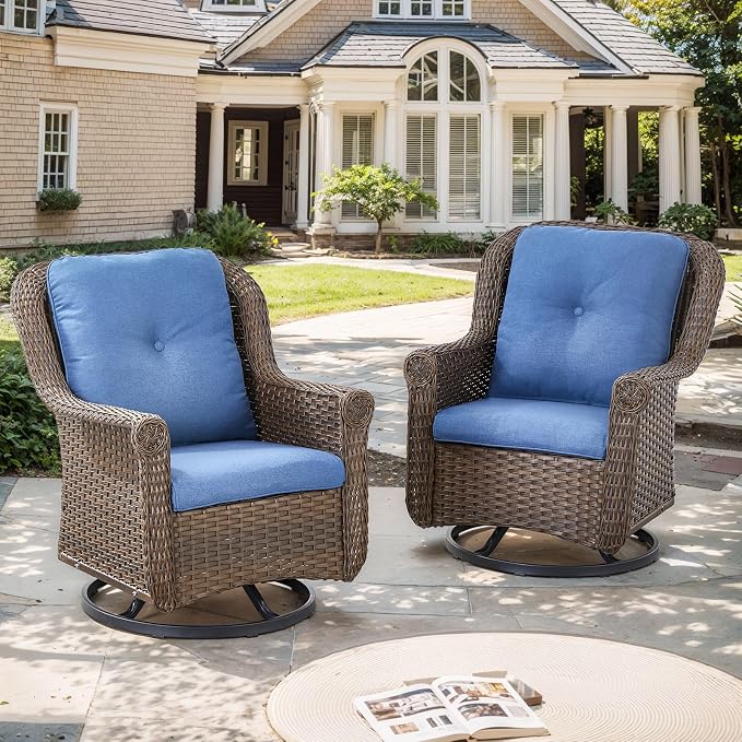 Patio Swivel Chairs Set of 2-High Back Swivel Rocker Outdoor Chair Patio Chair for Deck Porch Lawn Garden Backyard-Brown/Blue