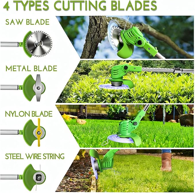 Electric Weed Wacker Cordless, Weed Eater Battery Powered with with Metal Blades,3 in 1 Stringless Grass Trimmer Lightweight Brush Cutter/Edger for Garden Lawn Yard Trimming