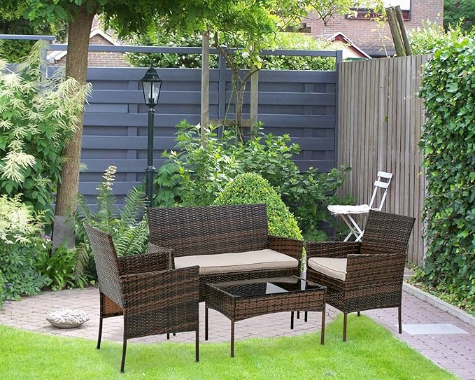 PayLessHere Patio Furniture 4 Pieces Outdoor Indoor Use Rattan Chairs Wicker Conversation Sets for Backyard Lawn Porch Garden Balcony,Brown