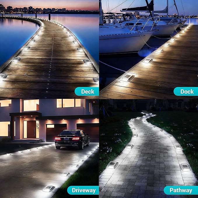 Solar Driveway Lights Outdoor 6 Pack, IP68 LED Solar Powered Waterproof Driveway Marker Deck Dock Lights for Dock Step Pathway Walkway Sidewalk Garden Yard Stair Marine (White)