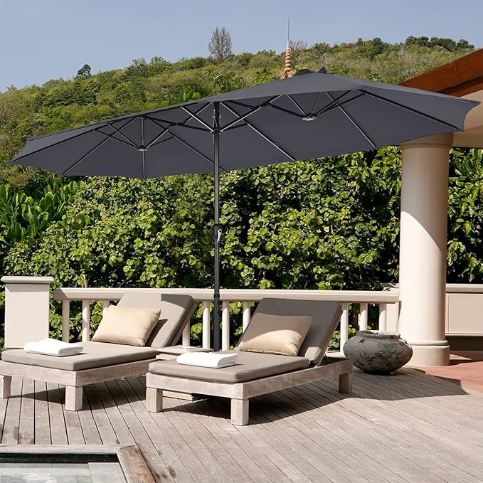 Tangkula 15FT Double-Sided Patio Umbrella, Outdoor Market Umbrella W/Hand-Crank System & Enhanced Base, Ultra-Large Twin Garden Umbrella W/ 12-Rib Structure for Residential & Commercial Use (Gray)