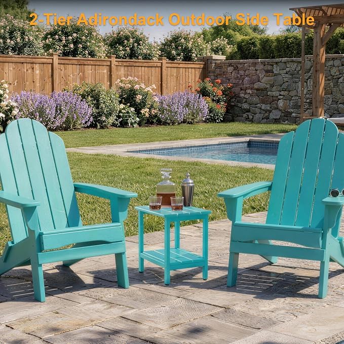 Outdoor Side Table, Small Square Patio Side Table with Adjustable Feet, All-Weather HDPE Adirondack End Tables for Porch Deck Balcony Pool, 2-Tier Storage, Easy Maintenance, Aruba Blue