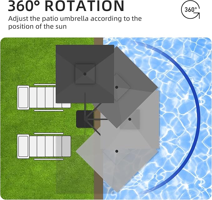 JZAC & QZYD 9x9 FT Outdoor Cantilever Patio Umbrella with Solar LED Lights, Large Heavy Duty 2-Tier Canopy Square Aluminum Offset Umbrellas with 360-Degree Rotation for Pool Deck Backyard, Grey